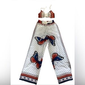Wide-Leg Butterfly Print Pants in White with Orange & Blue With Top